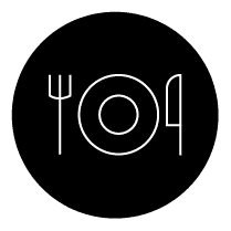 Icon if a dinner plate with a fork on the left and a knife on the right