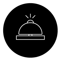 A black circle containing a white outline of a hotel service bell