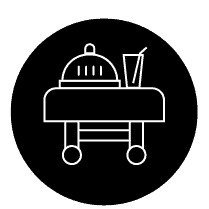 A symbol of a service tray with food and a drink