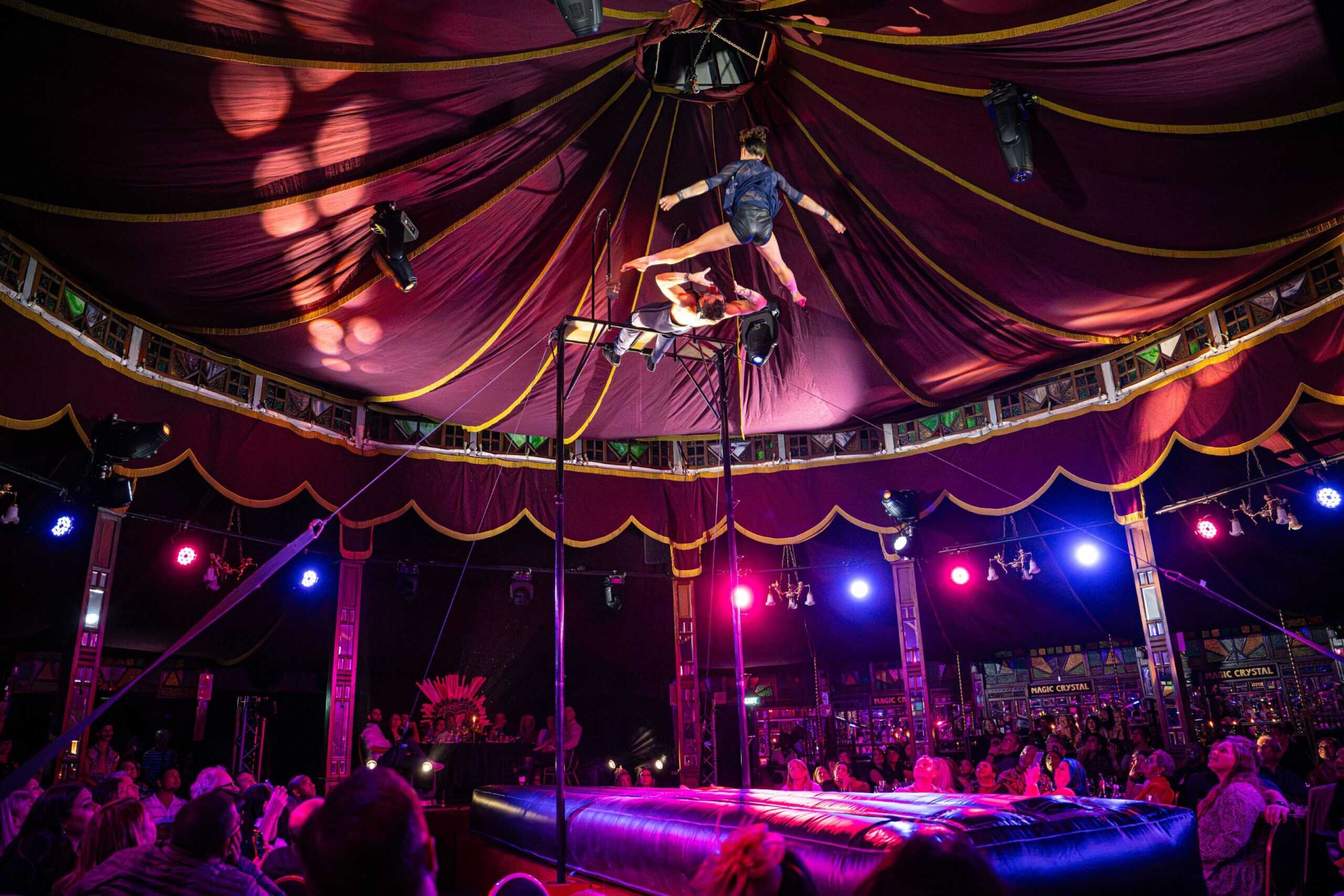 Zingara Cape Town A stunning capture of trapeze artists hanging from the ceiling of the Zingara Cape Town production.